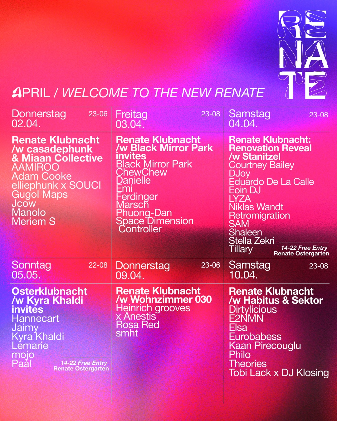 Renate Klubnacht w/ E.P.I.Q Collective, X:cuseu Takeover & Temple Rat invites Keex, Monosym, Pschukk, BBY G x sleeptwitch, Sioda Rua, Temple Rat + more TBA